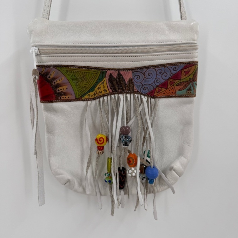 Ilze Heider Crossbody Bag Womens Small White Leather Fringe Beaded Boho Hippie